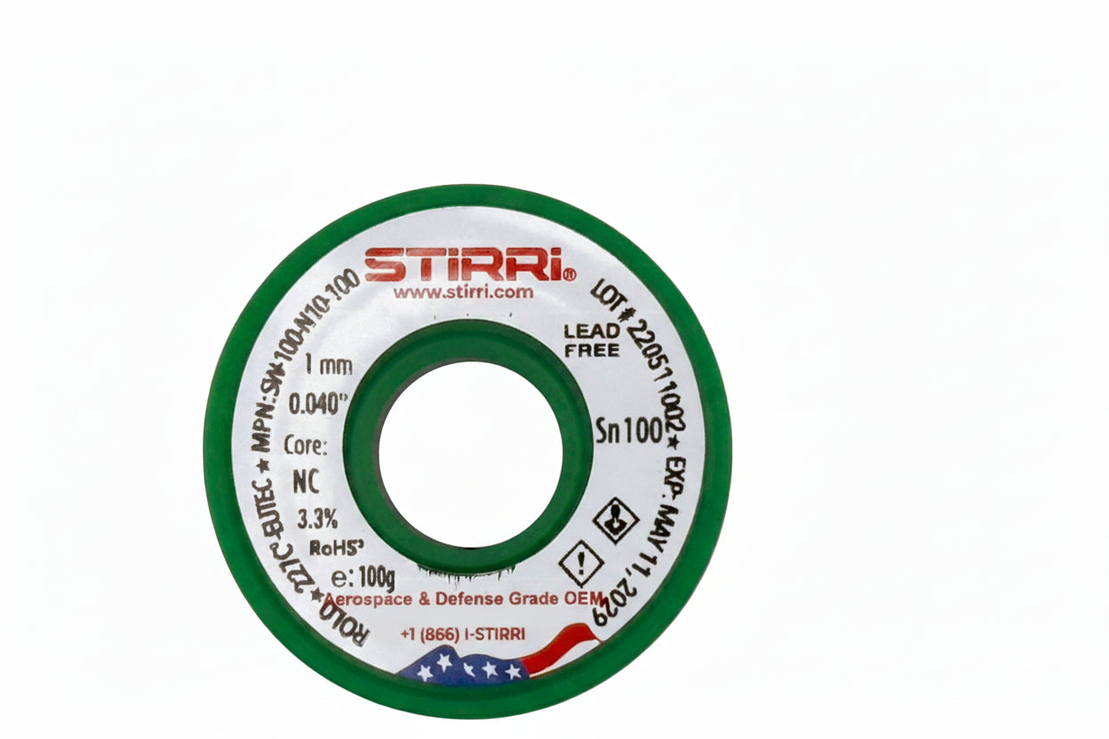 A spool of Stirri branded Sn100 lead-free selective solder wire with green and white packaging.