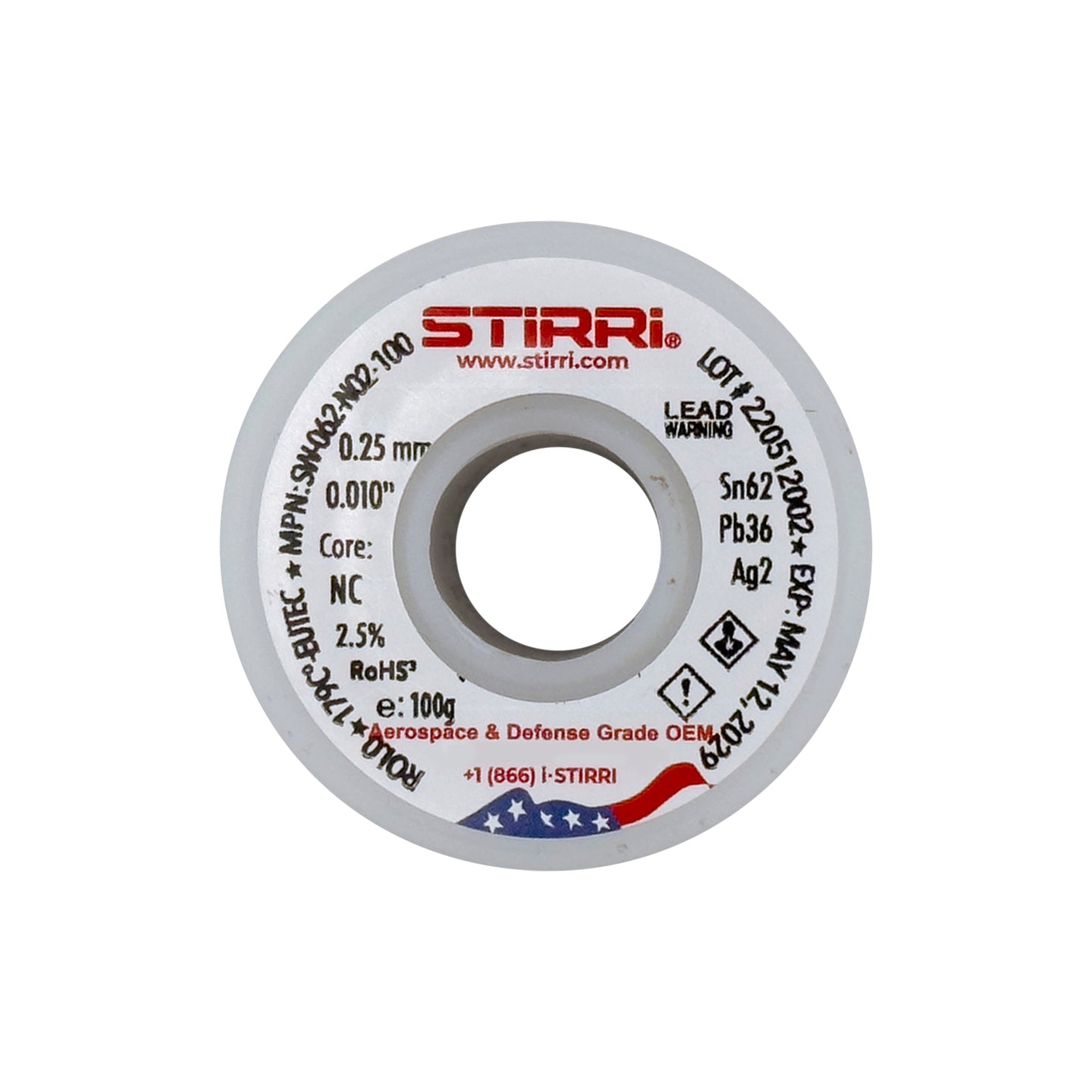 MT-062 - Sn62Pb36Ag2 mid-temp eutectic leaded solder wire NC-core ROL0 - 100g spool