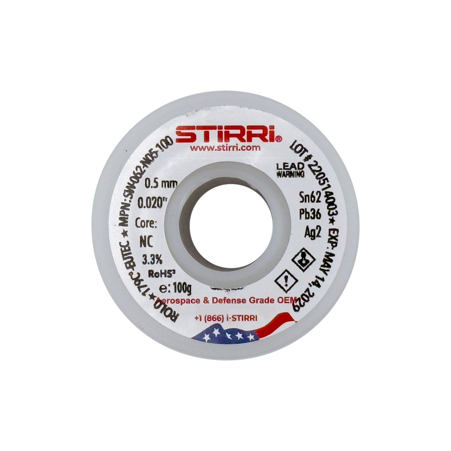 MT-062 - Sn62Pb36Ag2 mid-temp eutectic leaded solder wire NC-core ROL0 - 100g spool