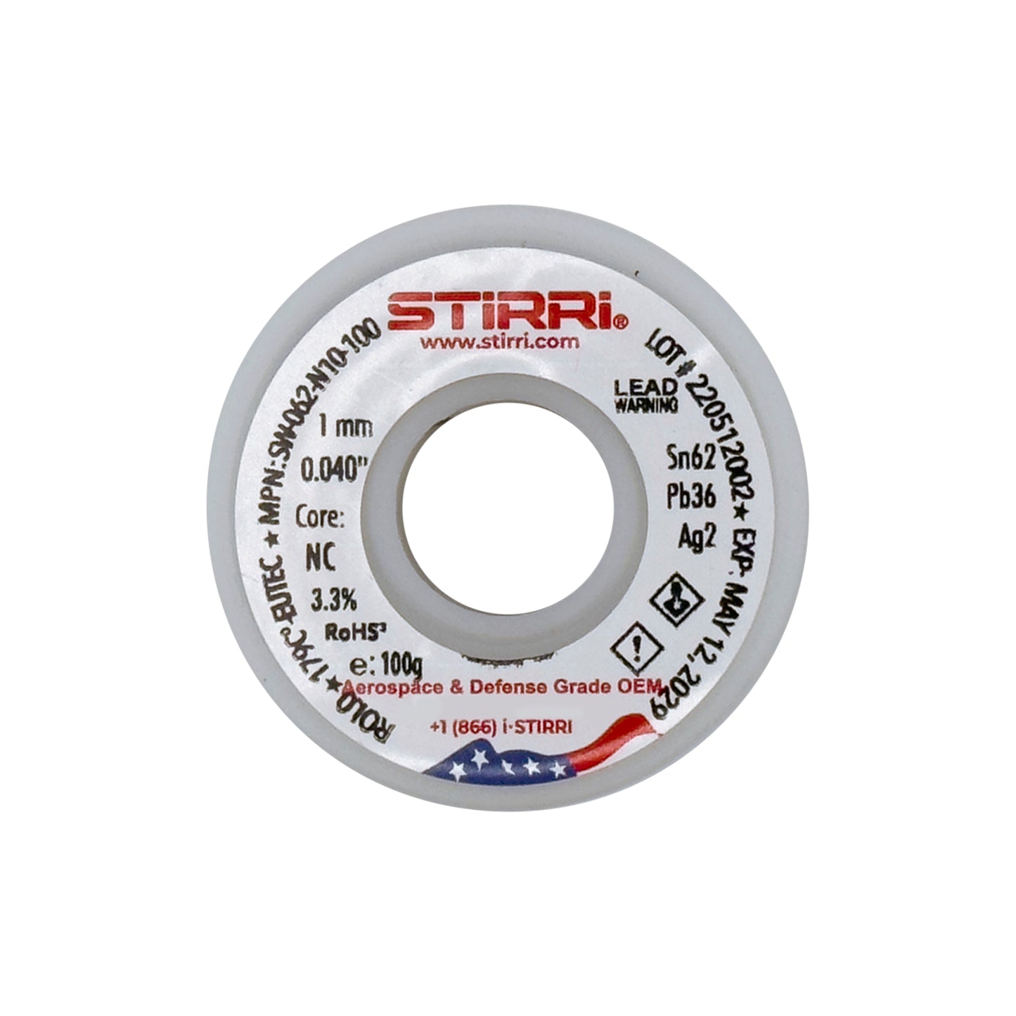 MT-062 - Sn62Pb36Ag2 mid-temp eutectic leaded solder wire NC-core ROL0 - 100g spool