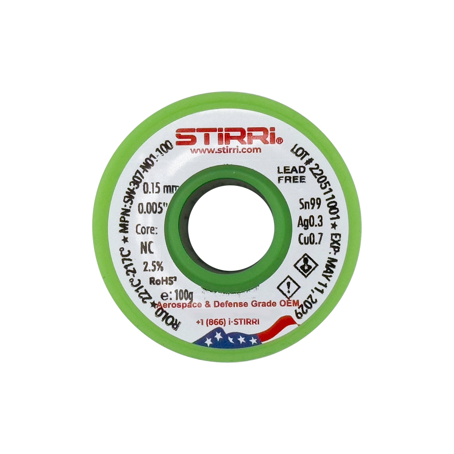 LF-307 - Sn99Ag0.3Cu0.7 lead-free solder wire NC-core ROL0 - 100g spool