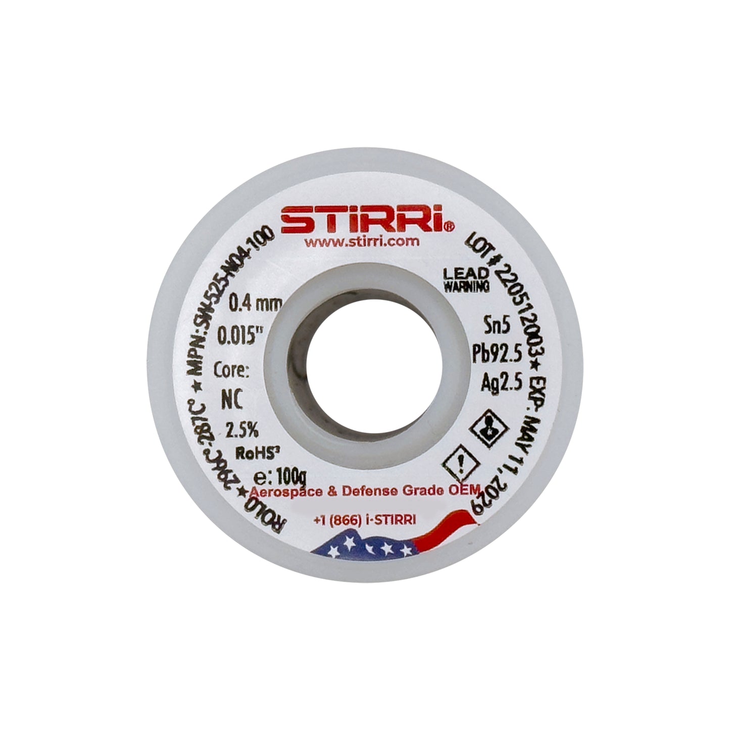 HT-525 - Sn5Pb92.5Ag2.5 high-temp leaded solder wire NC-core ROL0 - 100g spool