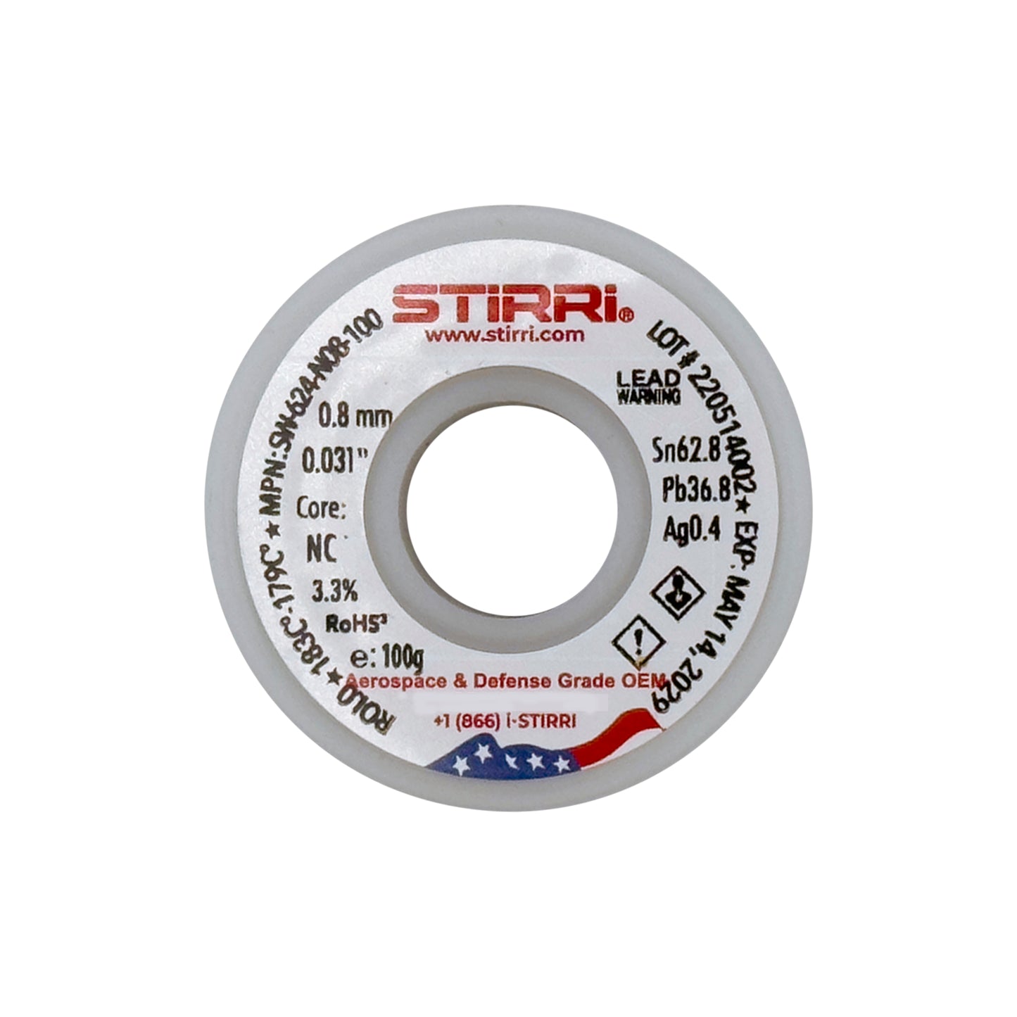 MT-624 - Sn62.8Pb36.8Ag0.4 mid-temp leaded solder wire NC-core ROL0 - 100g spool