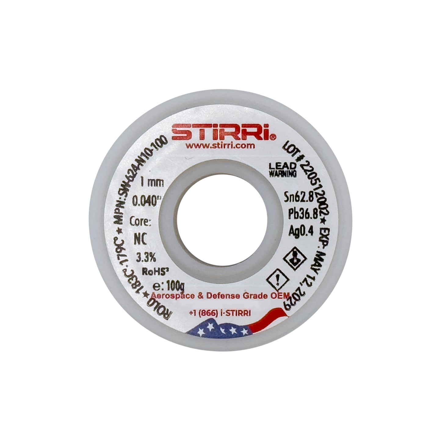 MT-624 - Sn62.8Pb36.8Ag0.4 mid-temp leaded solder wire NC-core ROL0 - 100g spool